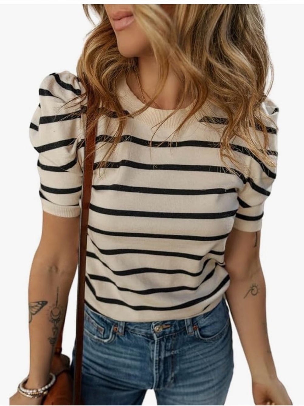Striped Puff Sleeve Sweater - black and beige